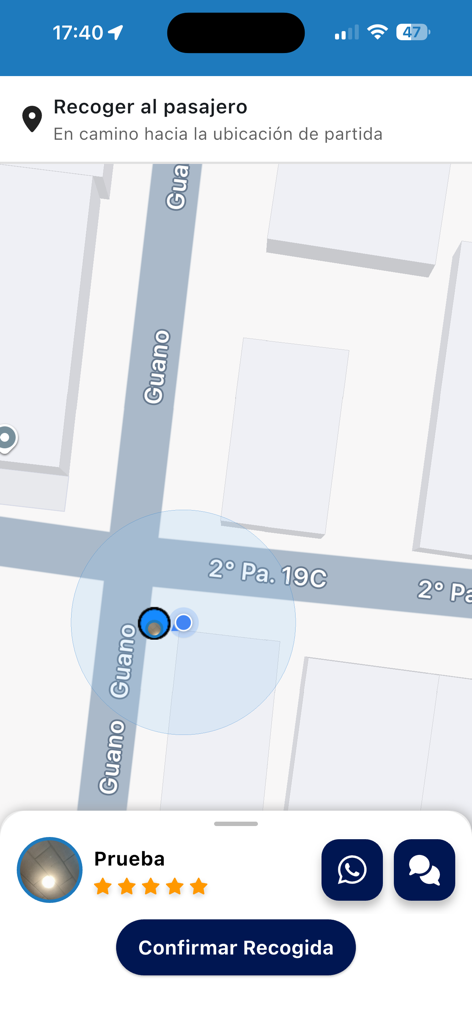 DriverGT Conductor - DriverGT Conductor app interface showing a map for passenger pickup with a button to confirm pickup.