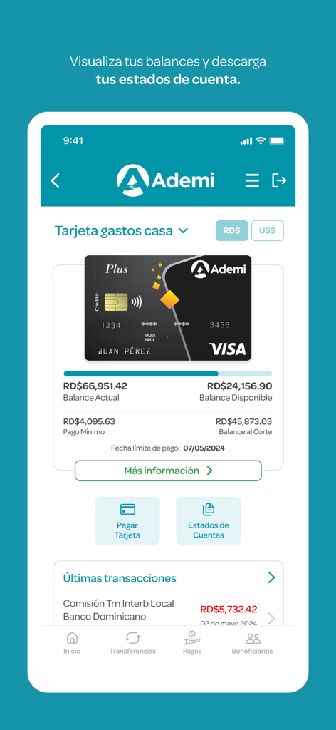 App Ademi mobile interface displaying credit card balance and recent transactions in Dominican Pesos