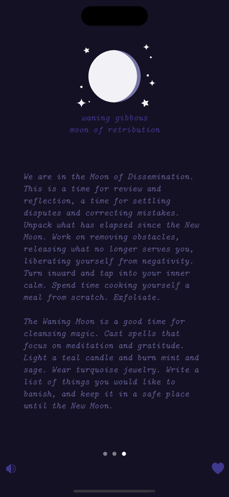 A moonscope screen in the Luna app showing details and ritual advice for the waning gibbous moon phase.