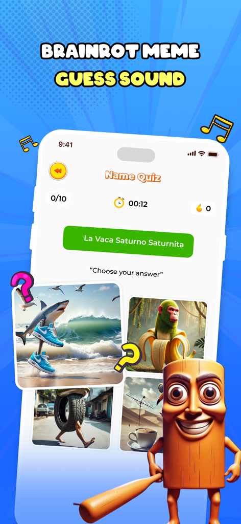 Italian Brainrot Wiki & Quiz - A Name Quiz screen in the Italian Brainrot app featuring surreal meme images and a cartoon wooden log character.