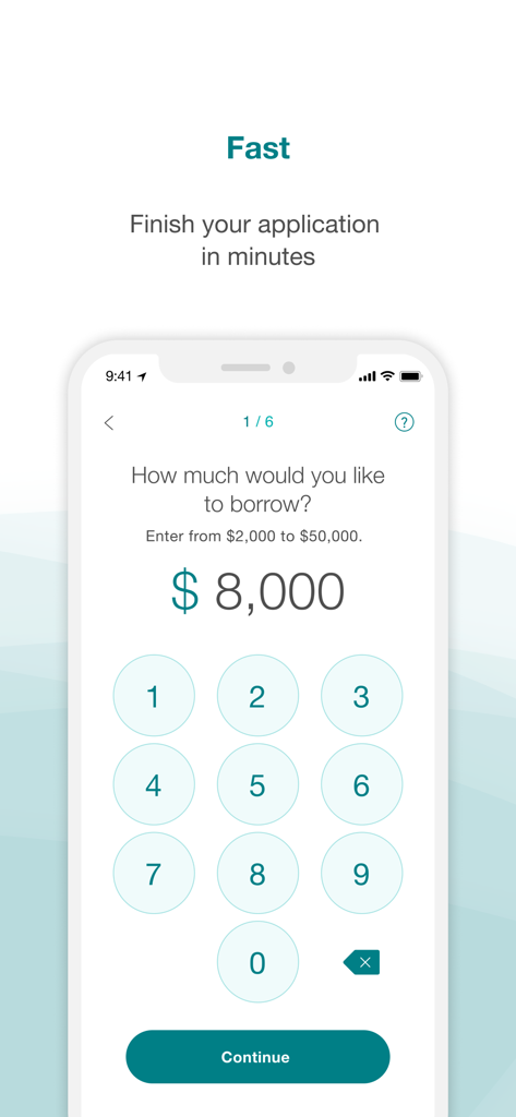 Prosper: Personal Loans - Prosperアプリのモバイル画面、借入希望金額を尋ね、8000ドルの入力欄を表示