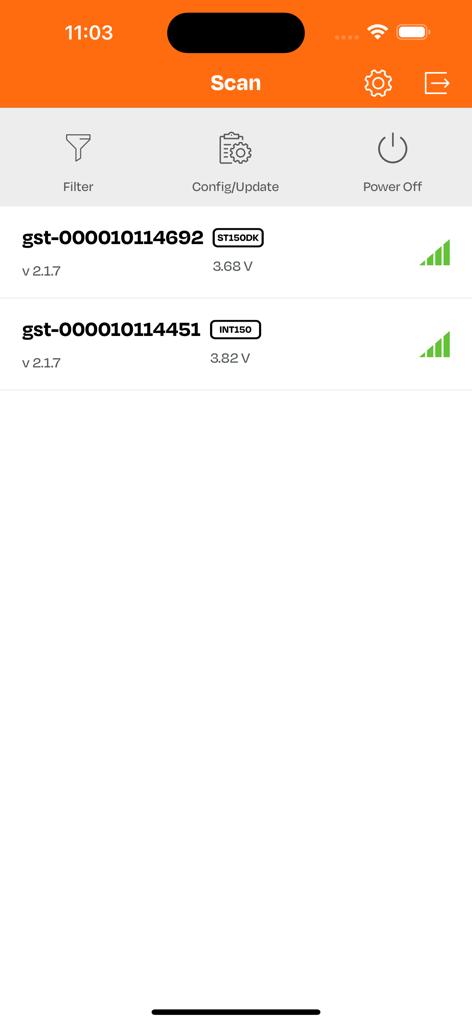Realm App - Screenshot of the Realm App scan interface showing connected satellite transmitters with voltage and signal details