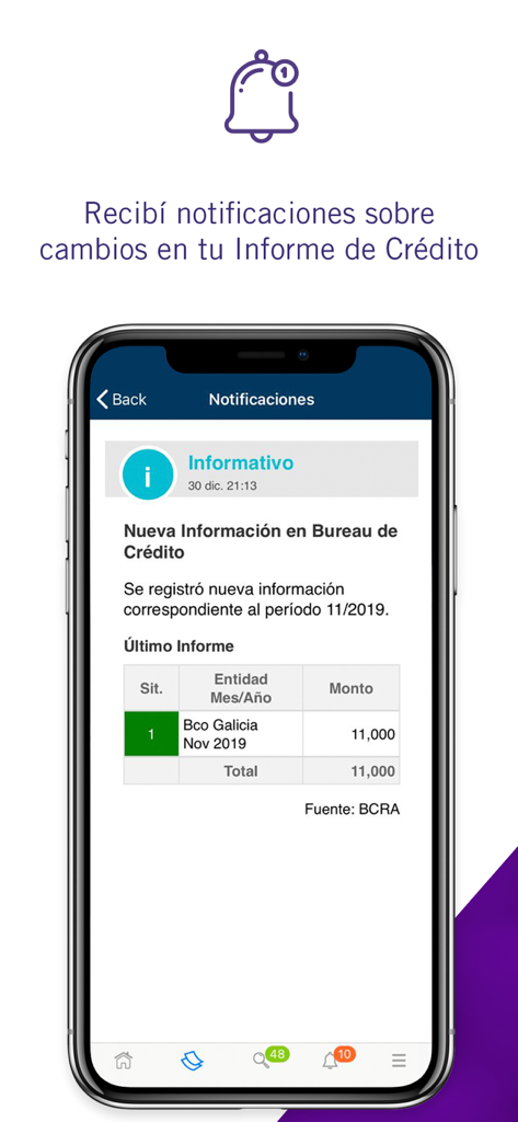 Screenshot of the Mi Nosis app showing a notification about a new credit report update from a bank.
