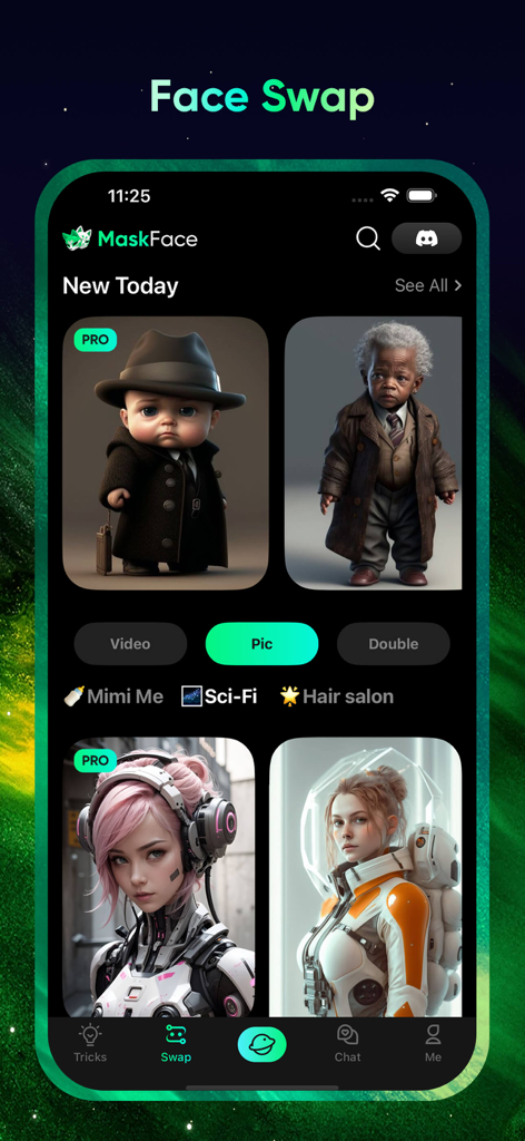 MaskFace app interface showing various AI face swap templates for pictures.