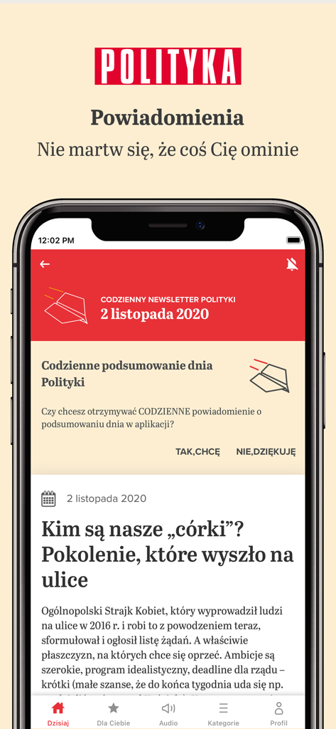 Polityka app interface showing daily newsletter and notification options
