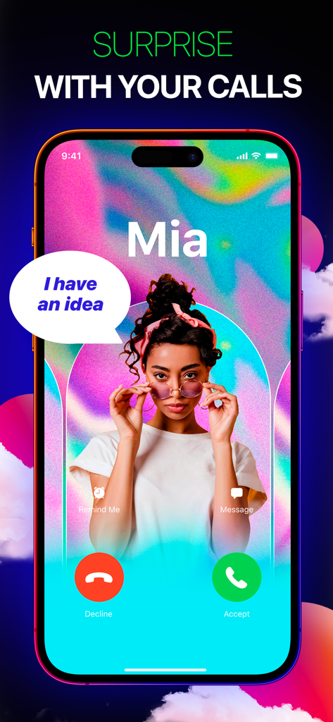 Contact Poster: Caller Screen - A colorful customized caller screen for an iPhone contact with a personal photo and message bubble