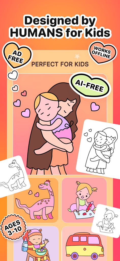 AI-Free Kids Coloring • Mea - AI-Free Kids Coloring app interface featuring human-made drawings for children aged 3 to 10 with ad-free and offline play badges