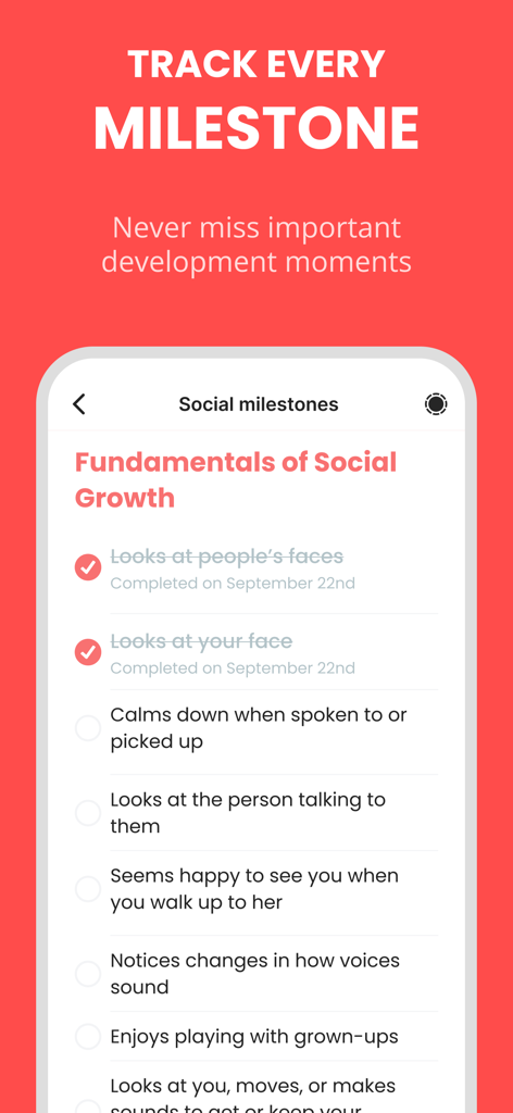 Baby Leap: Milestone Tracker - Interface of Baby Leap app showing a checklist for tracking baby social growth milestones such as recognizing faces and responding to voices