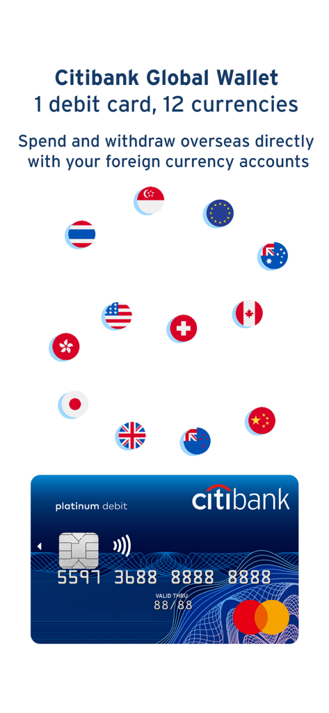 Pantalla promocional de la Billetera Global de Citibank HK que muestra una tarjeta de débito y banderas de doce monedas diferentes