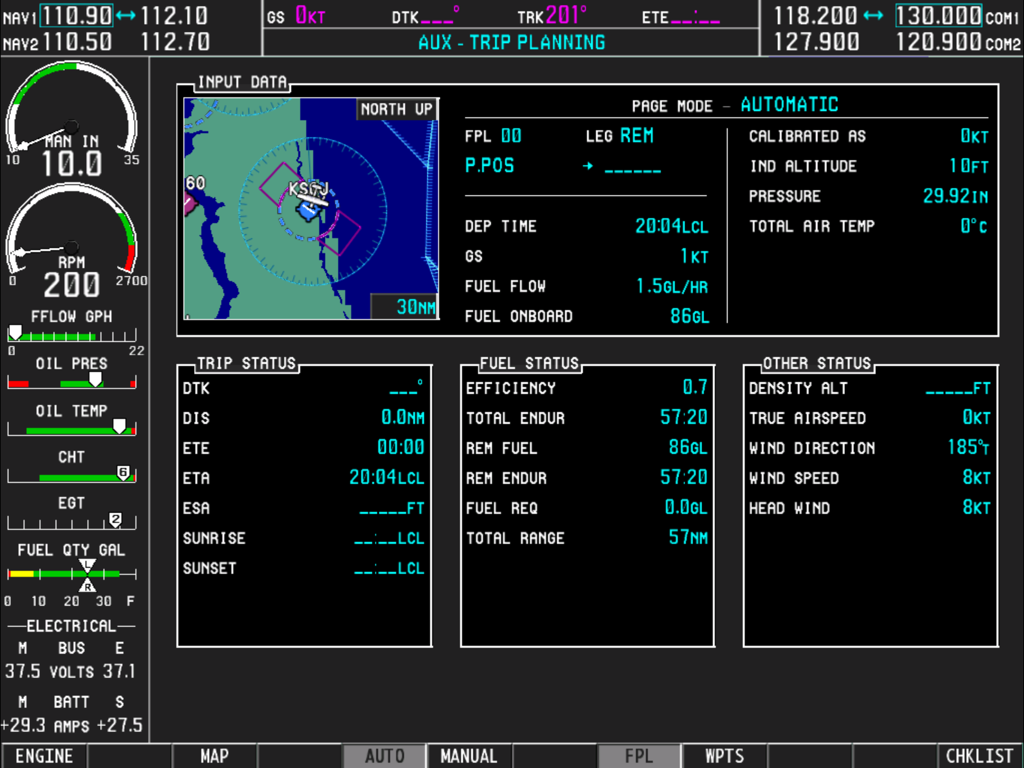 Simionic G1000 MFD interface showing the trip planning page and engine monitoring instruments