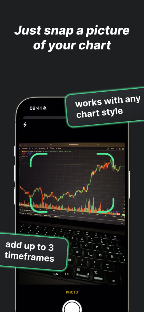 Chart AI - Trading Assistant - Interface de l'application mobile montrant un smartphone capturant un graphique de trading pour une analyse par l'IA.
