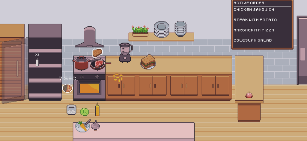 KitchenCraft: cooking business - Una escena de cocina de arte pixelado en KitchenCraft que muestra una estufa, estación de cocina y tablero de pedidos activo