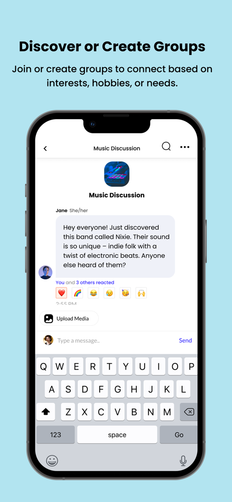 Stand In Pride - A group chat interface in the Stand In Pride app showing a music discussion group with user messages and emoji reactions.