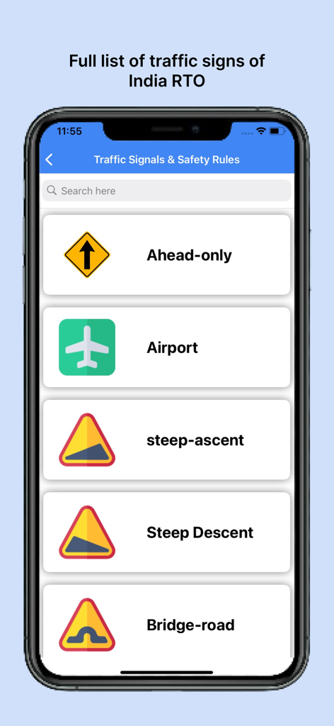 RTO - eChallan, Vehicle info - Une liste de panneaux de signalisation indiens incluant les panneaux 'Uniquement tout droit' et 'Aéroport' affichés sur l'interface de l'application RTO.
