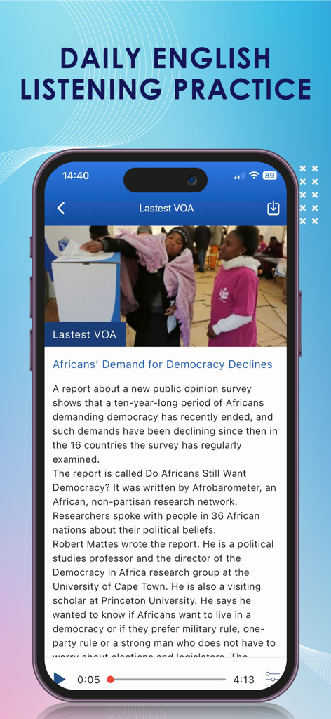 Kurdish English Dictionary + - Daily English listening practice interface in the Kurdish English Dictionary app showing a news article and audio player