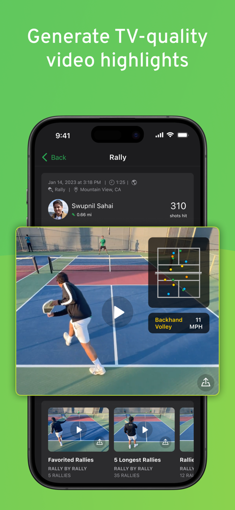 SwingVision: Tennis Pickleball - SwingVision app showing a pickleball video highlight with automated shot speed stats and a court heatmap overlay