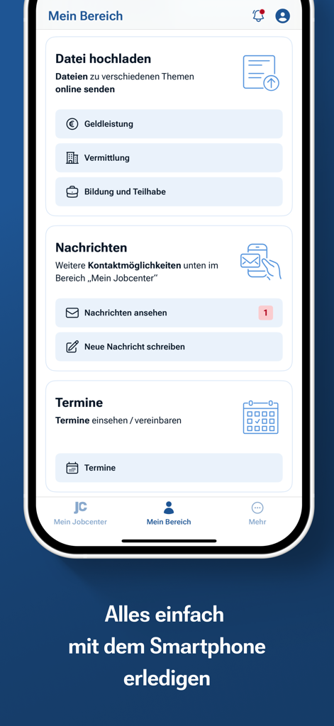 Jobcenter-App - 문서 업로드, 메시지 및 약속 옵션을 보여주는 Jobcenter 앱 대시보드