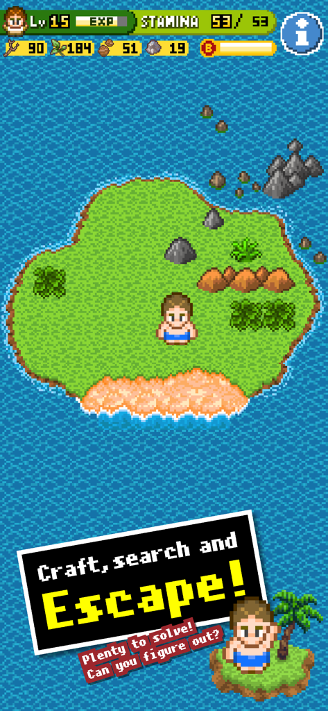 Survival Island 1&2 - Un personaje retro de pixel art en una pequeña isla en el juego móvil Survival Island 1 y 2.