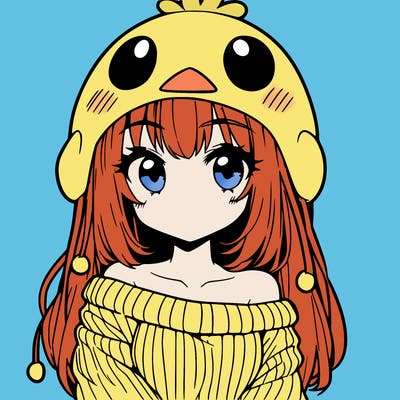 anime girl with chick shaped hat with sweater with bare shoulders with bangs covering them one eye with low tail