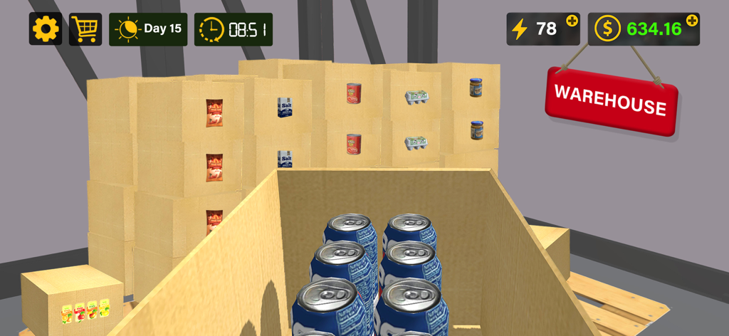 Supermarket 3D Simulation Game - Vista en primera persona de un almacén con cajas de comestibles apiladas y latas de refrescos en el Juego de Simulación 3D de Supermercado.
