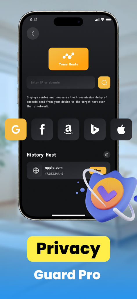 Hidden Camera Detector Finder - Captura de pantalla de la aplicación Detector de Cámaras Ocultas mostrando la función de seguridad de red de trazado de ruta y el registro de historial.