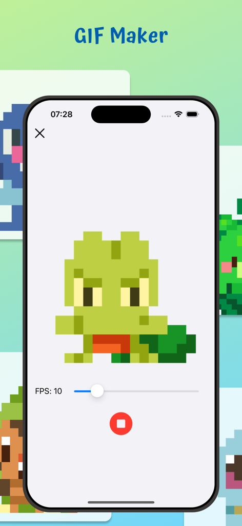 Pixel Animation - Pixel Art - GIF maker interface featuring a green pixel art character and frame rate settings