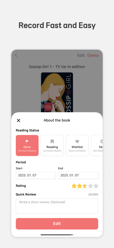 Book Towers - Reading Tracker - Interface for recording book reading status, dates, and ratings in the Book Towers app