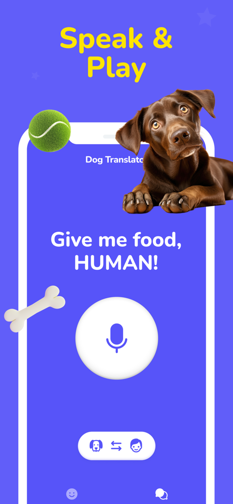 Dog Translator - Games for Dog - 犬の翻訳機モバイルアプリのインターフェース。子犬と音声翻訳用のマイクアイコンが表示されています。