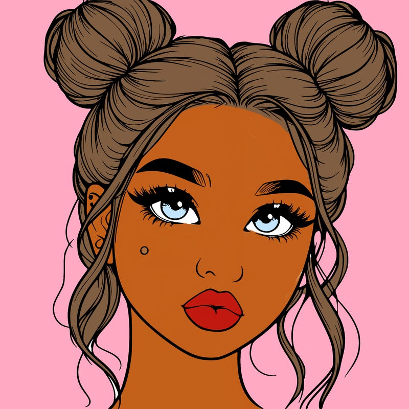 realistic girl with two buns on her hair and lips