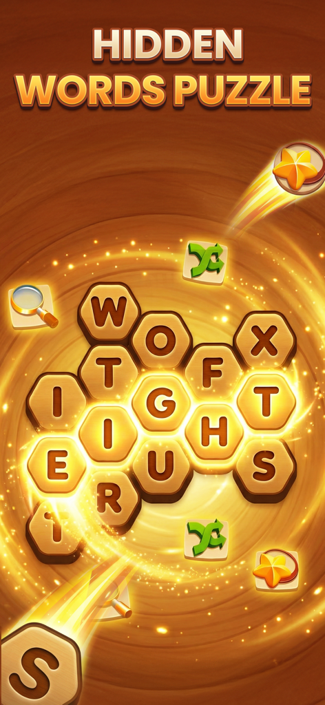 Word Seekers - Word Seekers mobile game interface with hexagonal letter tiles and power up boosters