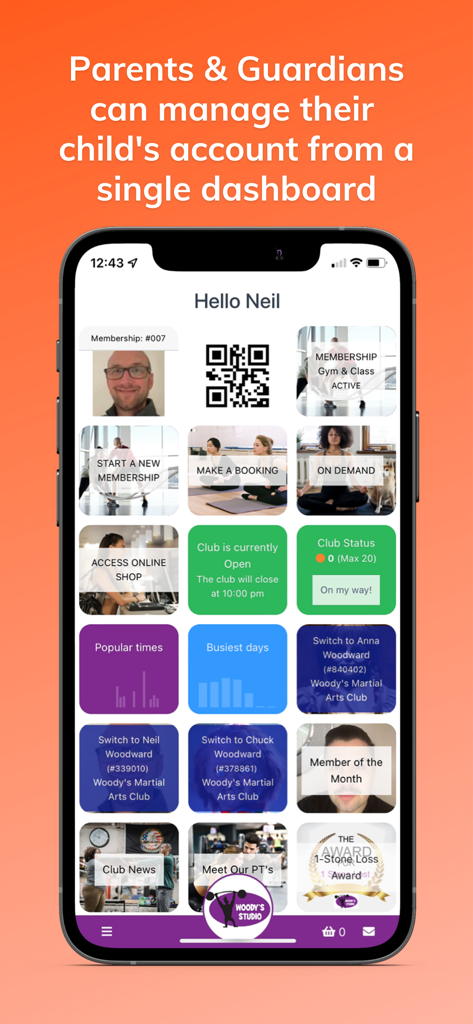 ClubRight app dashboard for parents and guardians to manage their family gym memberships and activity bookings