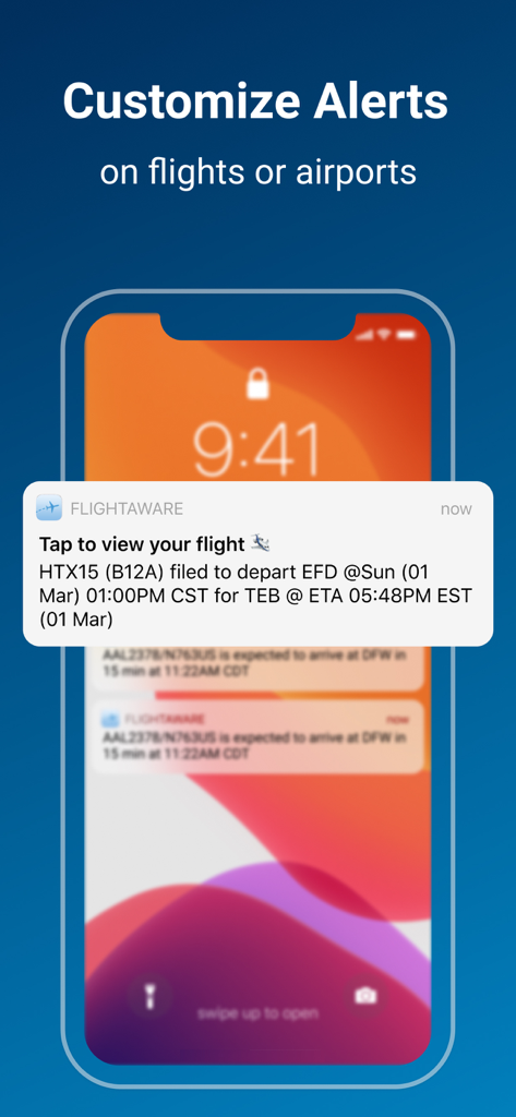 FlightAware Flight Tracker - Smartphone screen displaying a FlightAware custom alert with flight departure and arrival information