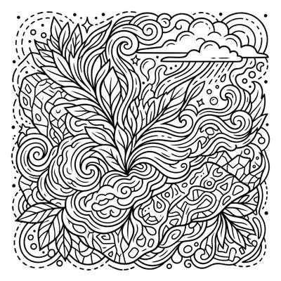 Explore the captivating beauty of nature through abstract art with this intricate coloring page. Dive into a world of swirling leaves, water, and earth patterns, perfect for mindful relaxation.