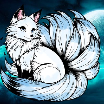 realistic detailed 9 tailed anime fox