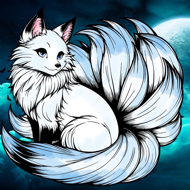 realistic detailed 9 tailed anime fox