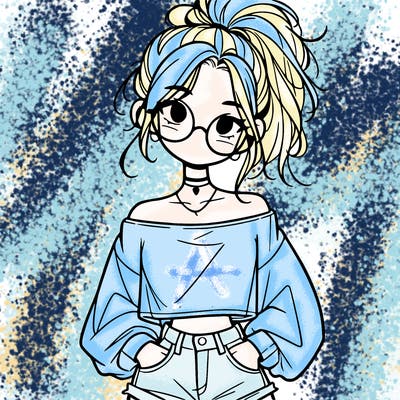 girl with a messy ponytail glasses a baggy crop top and jean shorts