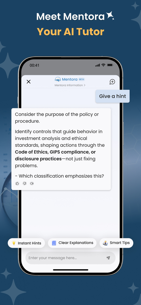 CFA Level 1 Exam Prep 2026 - CFA Level 1 Exam Prep app showing the Mentora AI tutor feature for study hints and explanations