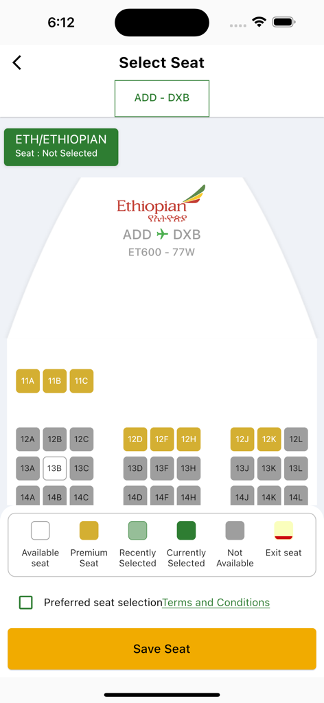 Sitzplatzauswahl-Oberfläche in der Ethiopian Airlines Mobile App, die eine Flugkarte von Addis Abeba nach Dubai anzeigt.