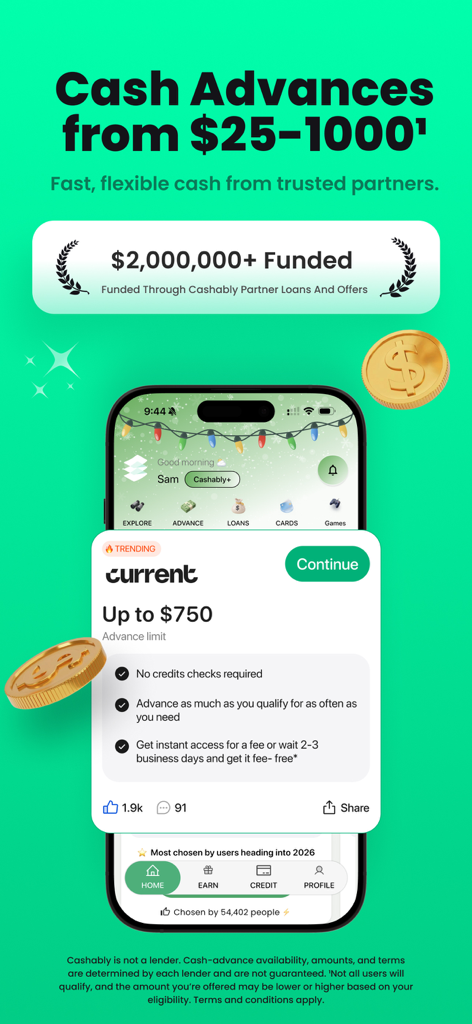 Cashably: Quick Cash Advance - Cashably app interface showing cash advance options between 25 and 1000 dollars