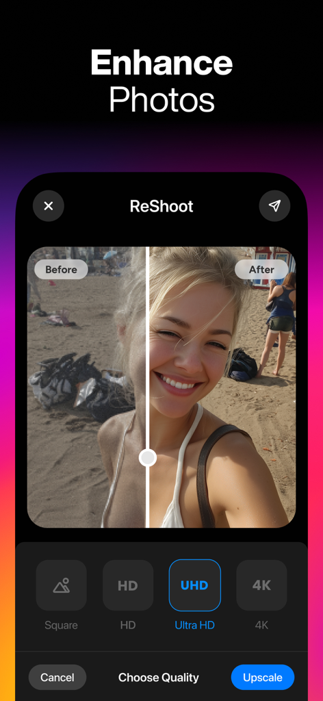 Comparación antes y después de una selfie en la playa mejorada a calidad UHD usando la aplicación ReShoot IA