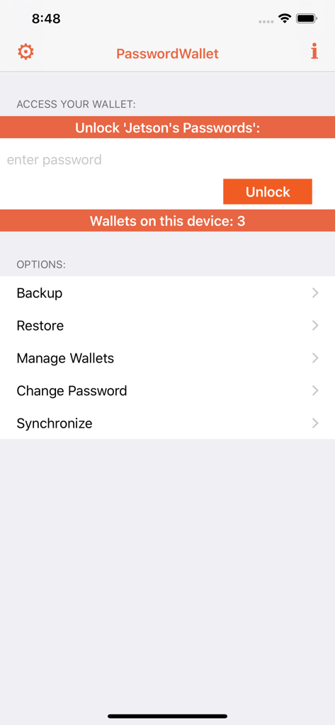 PasswordWallet app screen showing password unlock field and options for backup restore and synchronization