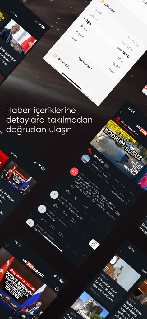 Mobile app screens of Ensonhaber showing Turkish news articles prayer times and user discussions.