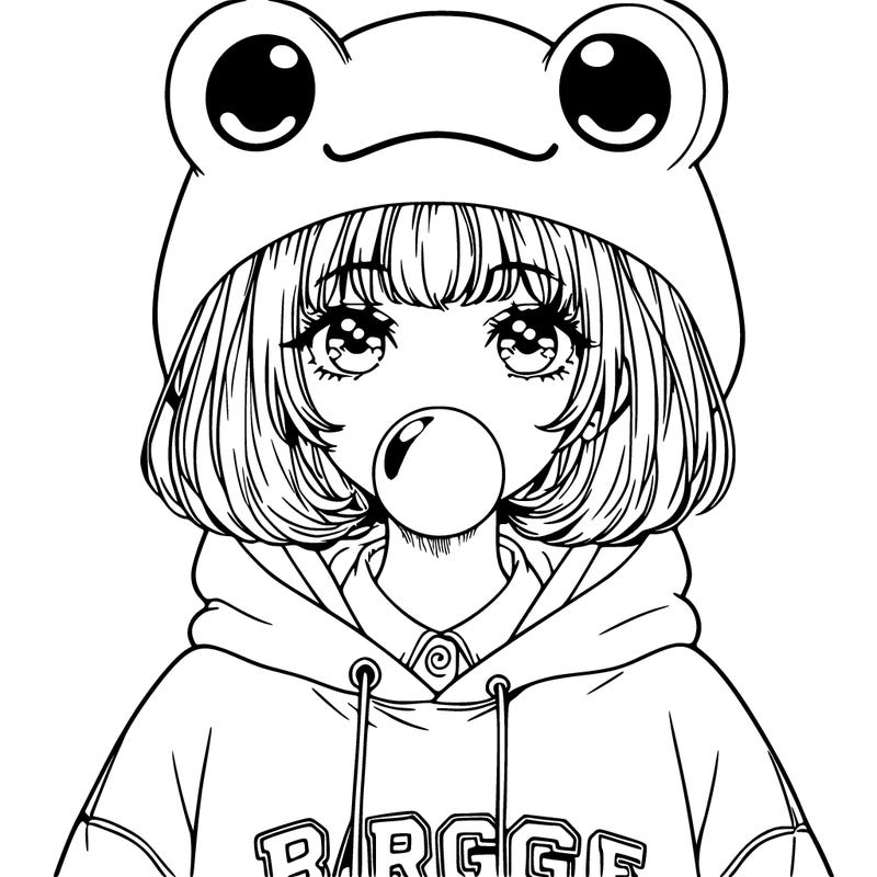 a girl with a cute frog hat with a big baggie sweatshirt short hair and blowing a piece of bubble gum, realistic