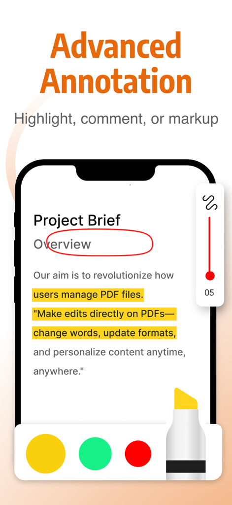 PDF Editor - Edit PDF & Sign - ハイライトテキストやドキュメントへの描画など、高度な注釈機能が表示されているスマートフォンの画面