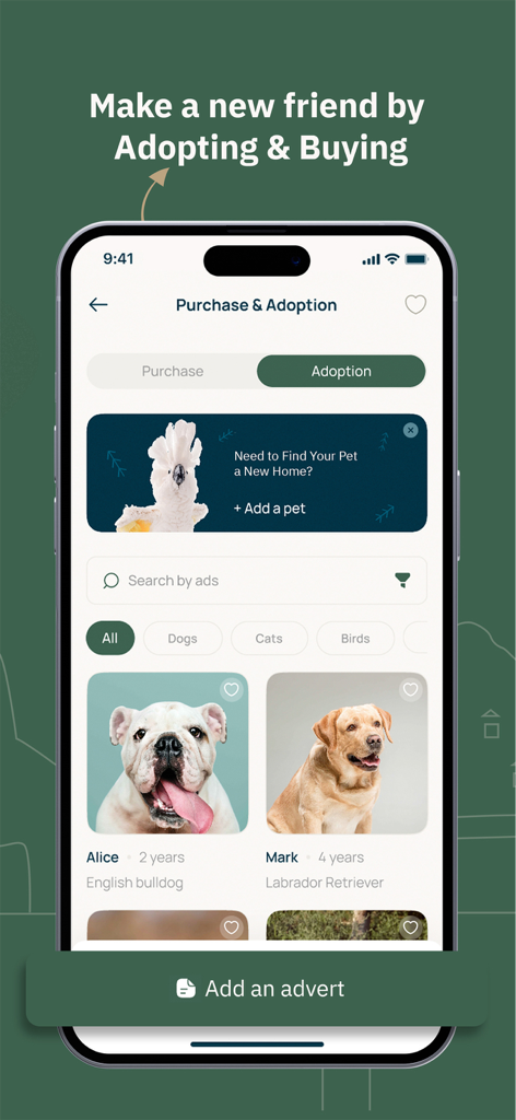 Aseel - أصيل - Pantalla de la aplicación Aseel que muestra opciones para adoptar o comprar mascotas como perros y pájaros con perfiles detallados de animales
