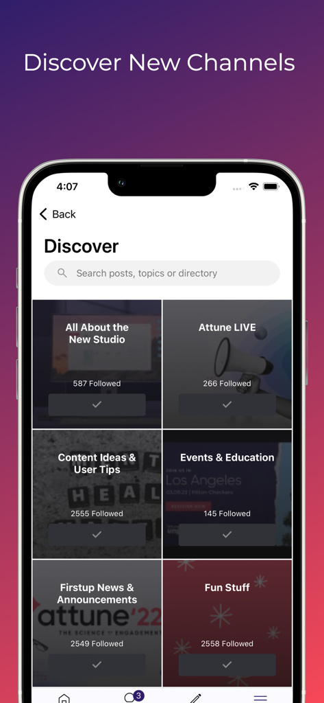 Mobile interface of the Firstup app showing the Discover screen with various employee interest channels to follow