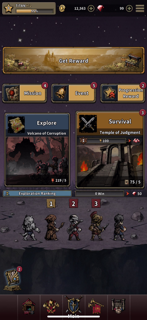 Slay the Titan : Deckbuild RPG - Pantalla principal de Slay the Titan Deckbuild RPG mostrando modos de juego y escuadrón de personajes