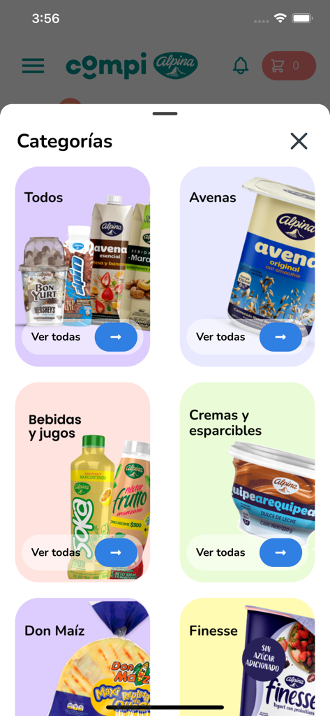 Compi Alpina - Pantalla de categorías de la aplicación Compi Alpina que muestra grupos de productos como bebidas y untables para pedidos B2B
