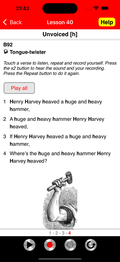 Get Rid of Chinese Accent - A lesson screen from the Get Rid of Chinese Accent app featuring a tongue twister for practicing the unvoiced H sound.