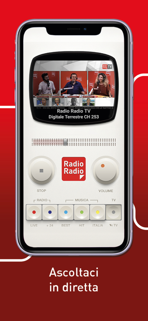 Schermo di uno smartphone che mostra l'interfaccia dell'app Radio Radio con streaming video in diretta e pulsanti di selezione dei canali radio.